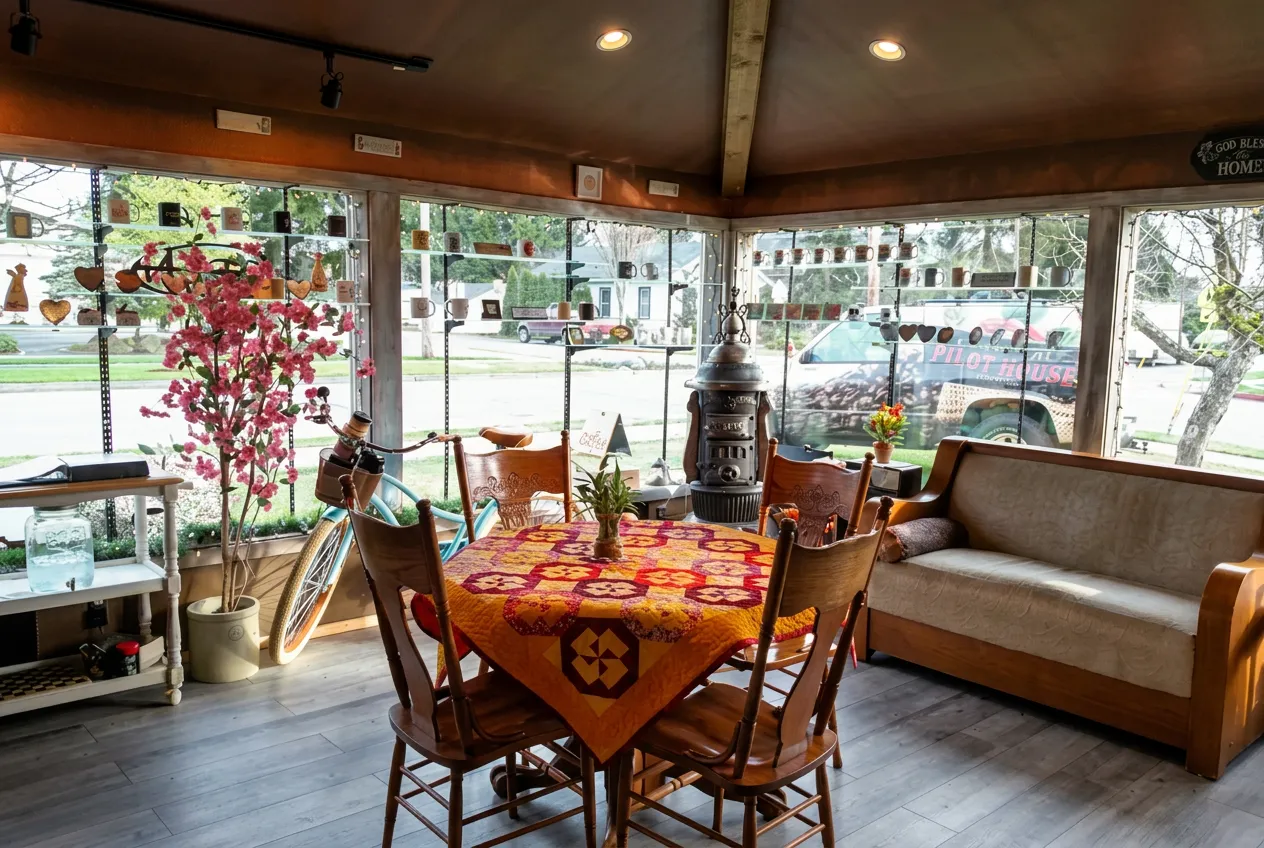 Cozy seating area with quilt-draped table, antique stove, and sunlit windows