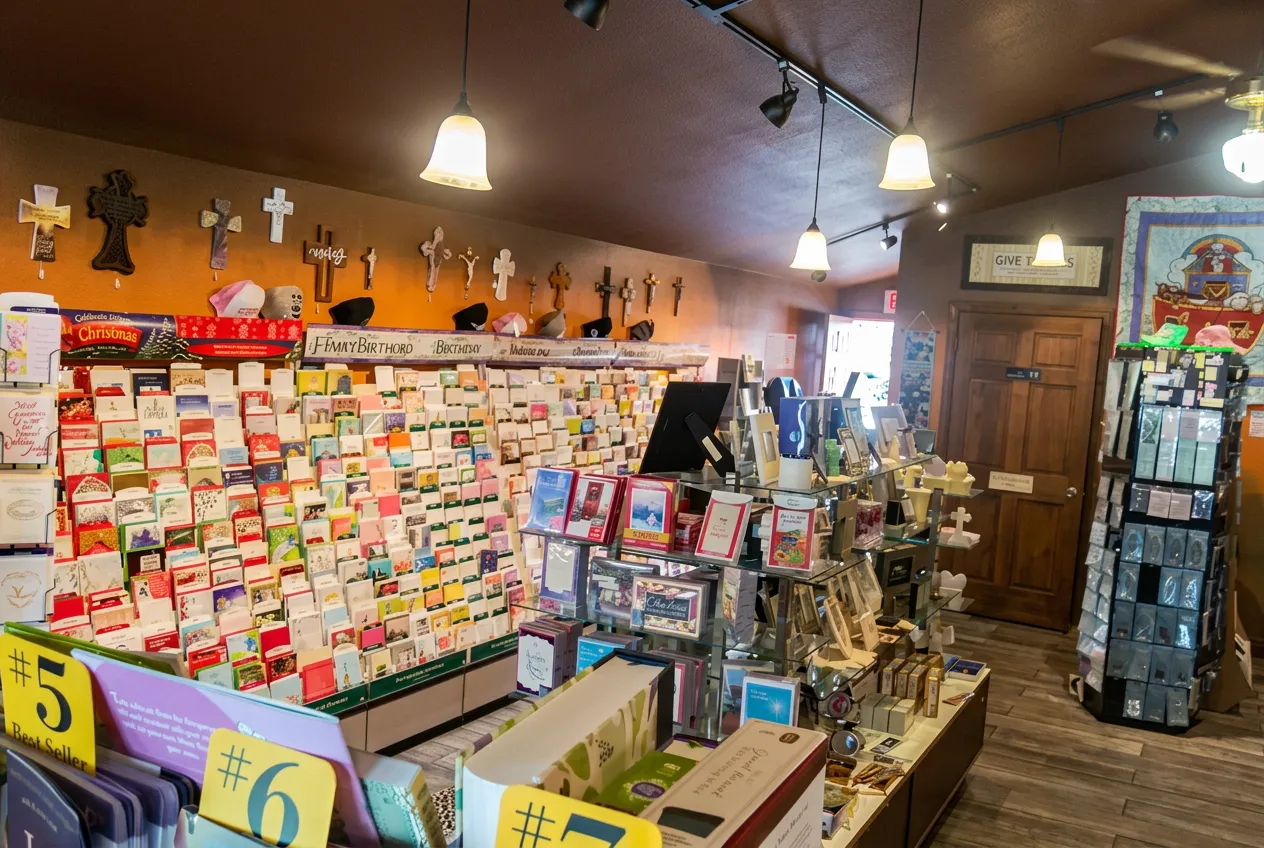 Greeting card displays with hand-crafted crosses on the wall