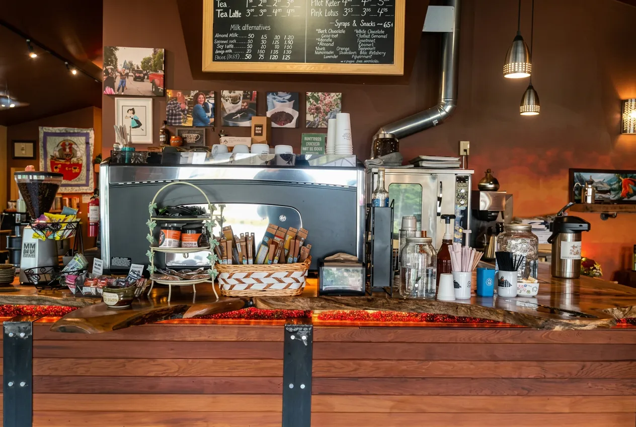 The warm, welcoming counter and espresso bar at Monroe Coffee Co.